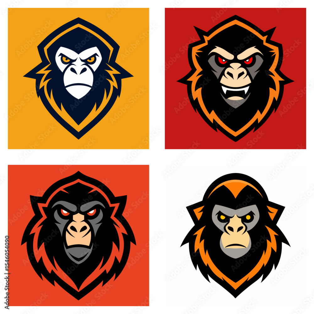 Poster four gorilla head logos in different color schemes with shield shaped outline on various backgrounds