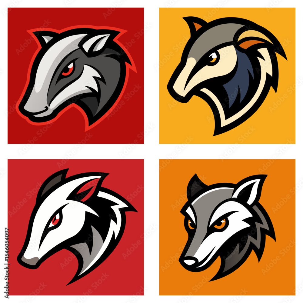 Poster four stylized badger heads in square frames with different color schemes and design variations prese