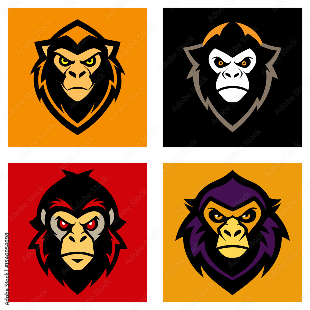 Aufkleber four square panels displaying stylized gorilla head logos with varying color schemes and background 