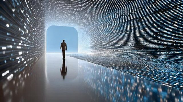 Futuristic Journey of a Man in the Digital Tunnel: A lone figure embarks on a journey through a futuristic, digitally-themed tunnel, heading toward a bright opening, with a reflective floor. 