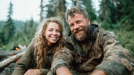 A smiling couple, looking relaxed and happy, is sitting together in a rustic outdoor setting, showcasing their love for nature and adventure while surrounded by greenery.