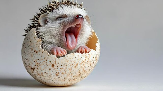 Adorable baby hedgehog yawning in a cracked eggshell.