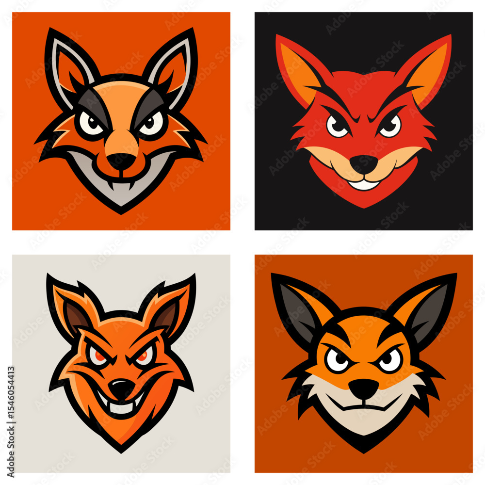 Poster four fierce fox mascot heads in various color schemes and backgrounds displaying aggressive expressi