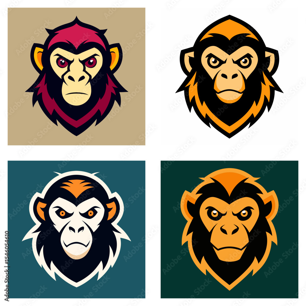 Poster four monkey head illustrations with different color schemes and background variations seen here