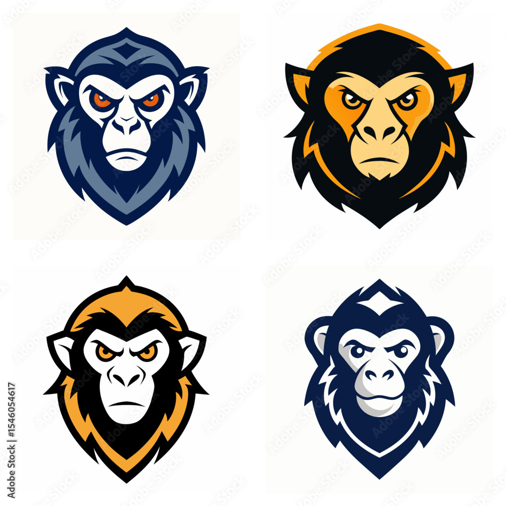 Poster collection of four monkey head logos in different color schemes with a serious expression design sty