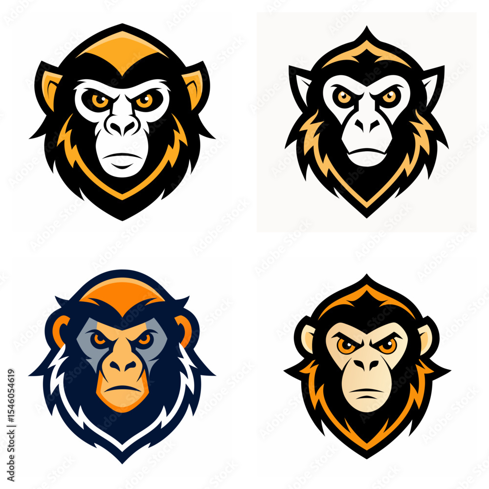 Poster four stylized monkey head illustrations with varying color schemes and design elements shown