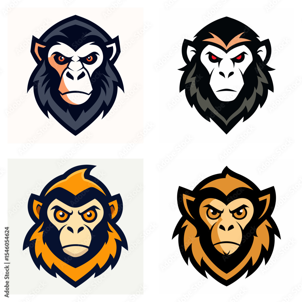 Poster four monkey head illustrations with different color schemes and angry expressions on a white backgro