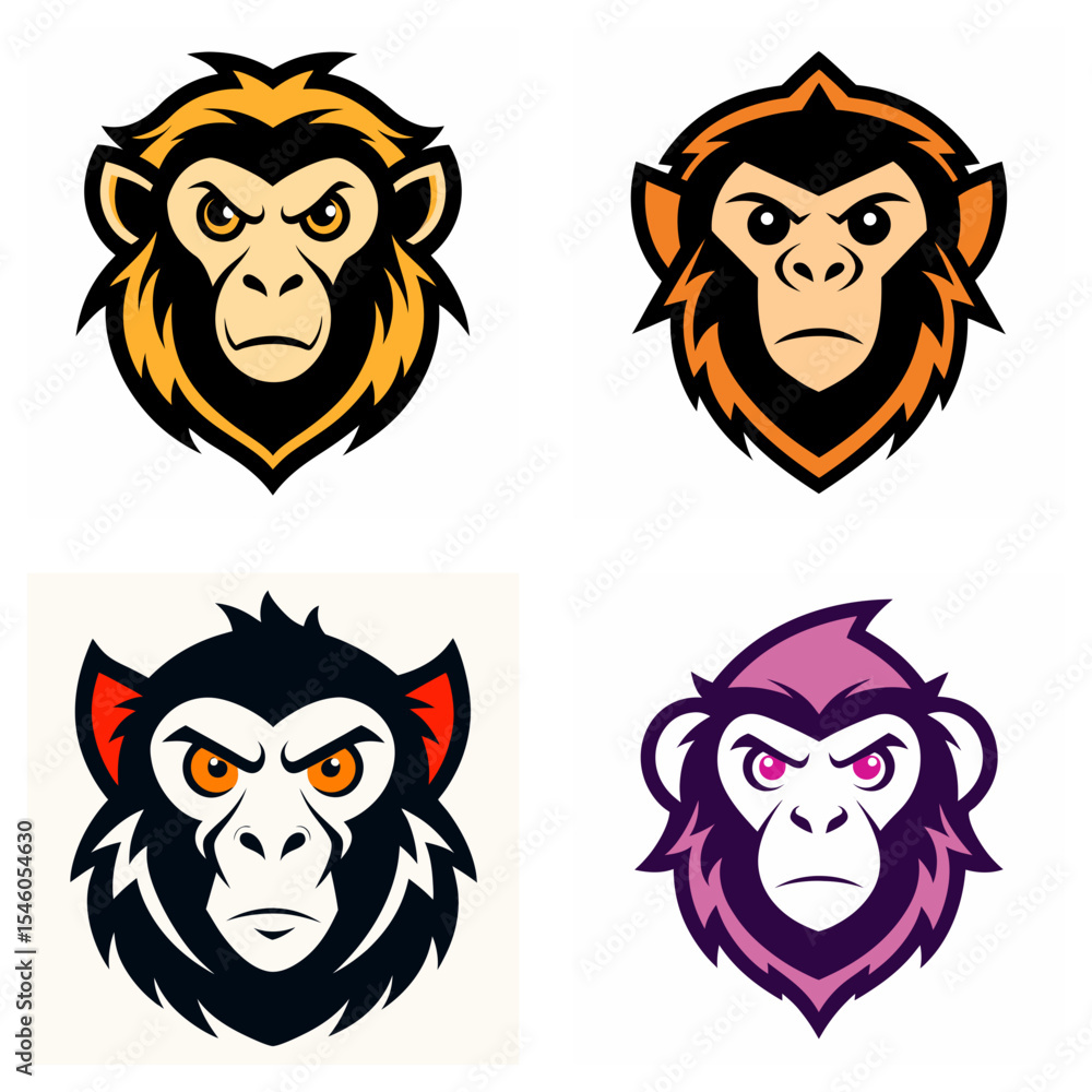 Aufkleber collection of four stylized monkey head logos with different color schemes and angry expressions