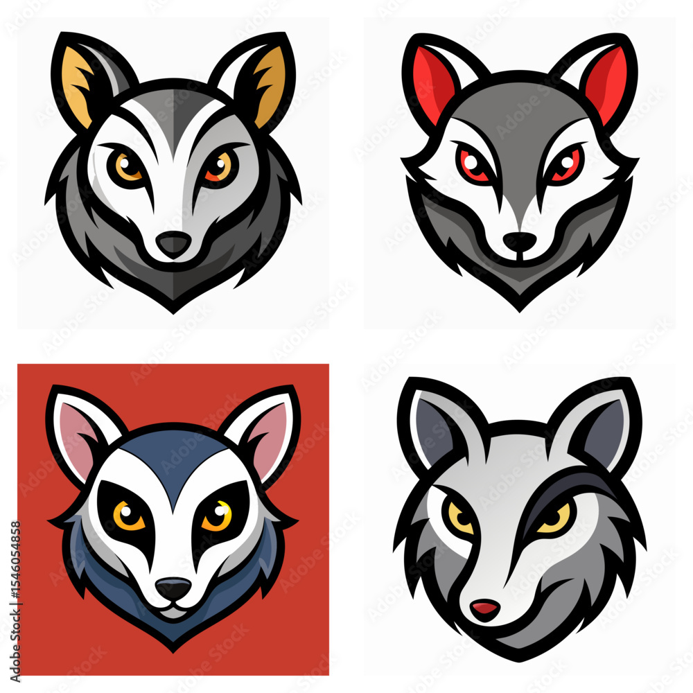 Aufkleber four stylized animal heads with varied color schemes and designs in a square format layout design