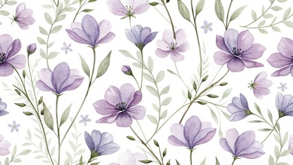 Watercolor Floral Pattern with Purple Flowers and Green Leaves on White Background