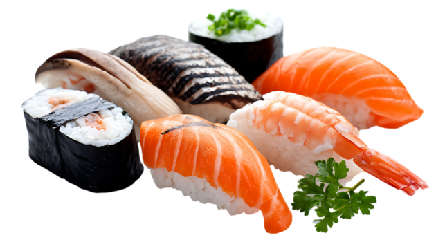Assorted sushi pieces isolated on transparent background - Powered by Adobe