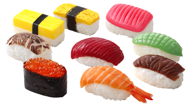 Assorted colorful sushi pieces isolated on transparent background