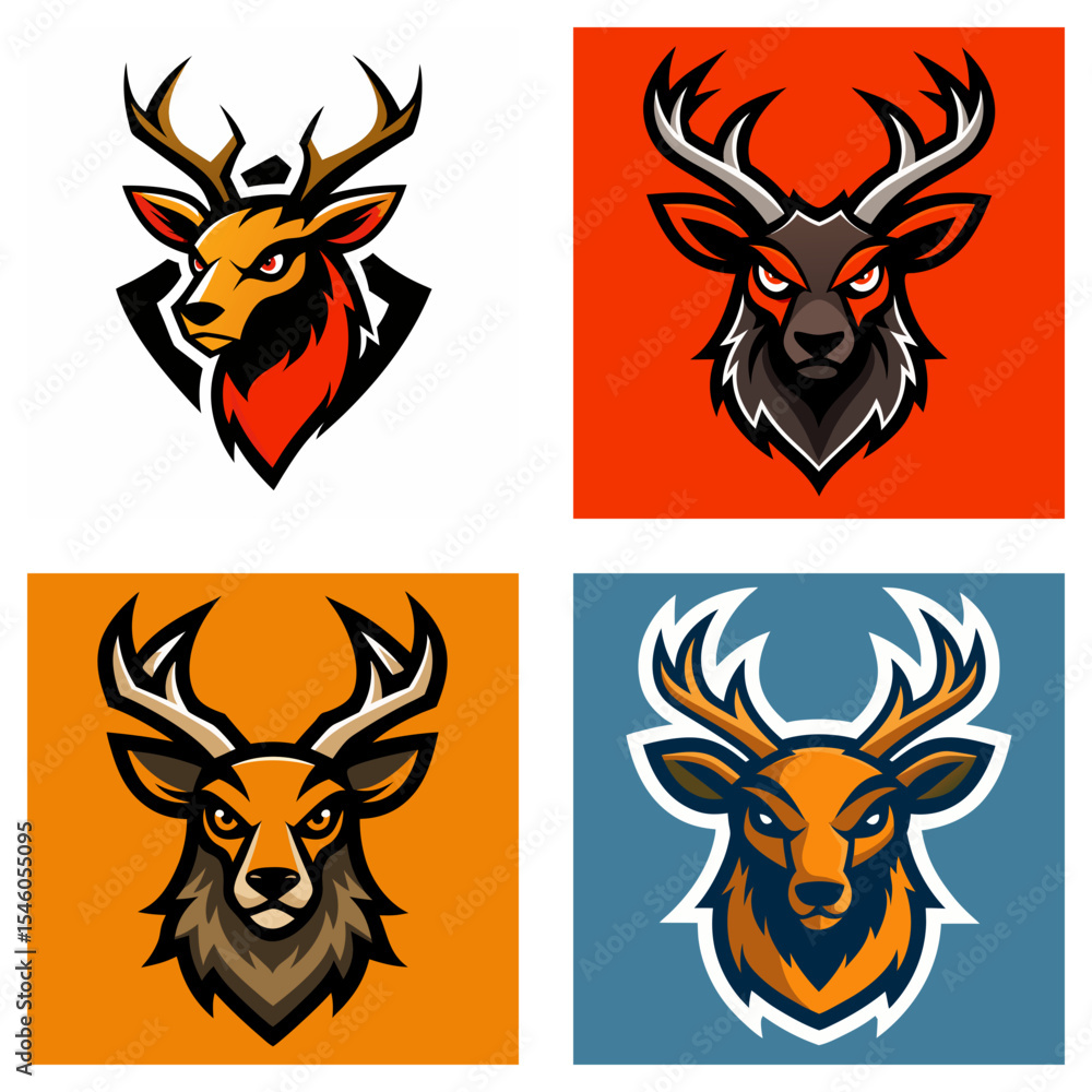 Poster four deer head illustrations with different color schemes and background colors in a square format