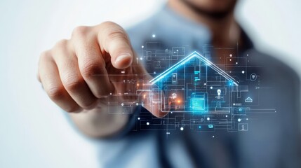 A futuristic smart home interface with augmented reality controls, white isolated background, copyspace