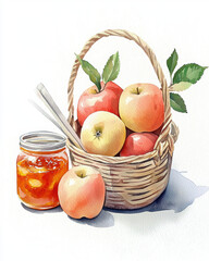 serene watercolor of rustic basket filled with freshly picked apples and jar of jam, evoking sense of warmth and comfort