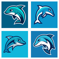 Obraz premium Collection of four dolphin illustrations in various poses and blue color schemes on square backgrounds
