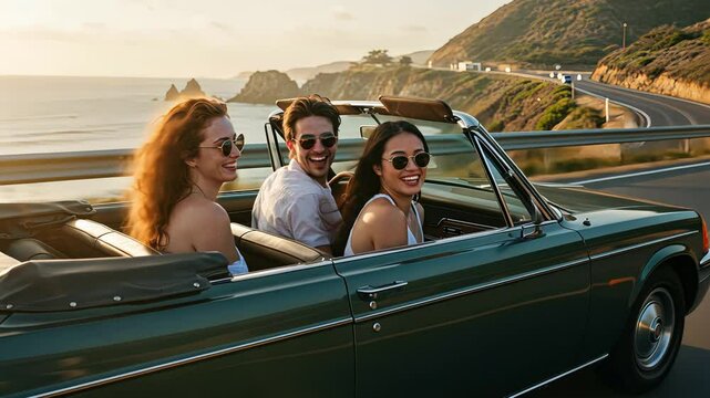 Three young friends, two women and one man, driving in a convertible car along a scenic coastal road during a sunny day.