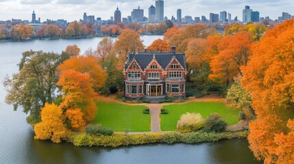 Elegant Mansion on Island in Autumn, Rotterdam