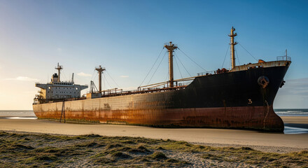 A large rusty abandoned oil tanker ship beached on the sand a symbol of industrial decay supply chain failure or an environmental disaster