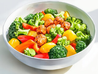 vibrant watercolor of colorful stir fry with fresh vegetables and protein balls, showcasing healthy meal option