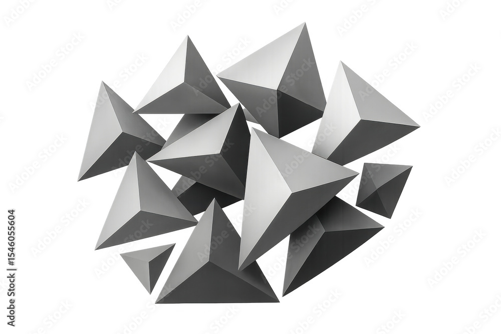 Poster gray triangular pyramids are forming an abstract structure on a transparent background, creating a v