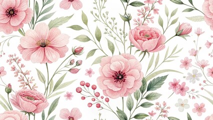 Obraz premium Watercolor Floral Pattern with Pink Flowers Green Leaves and Red Berries on a White Background