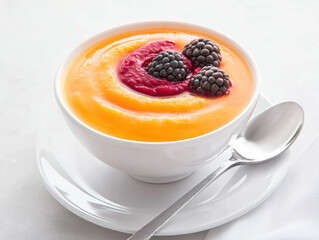 delicious bowl of vibrant fruit puree with blackberries, showcasing colorful presentation that delights senses