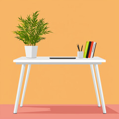 modern desk with potted plant, stationery, and colorful folders against warm orange background creates vibrant workspace