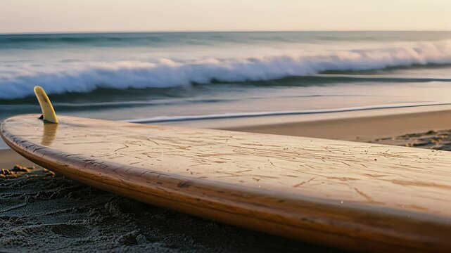 Wooden longboard surfboard lays on tranquil beach sand with ocean waves behind at sunset footage.