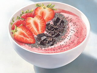 vibrant smoothie bowl featuring fresh strawberries, chia seeds, and dark chocolate pieces, perfect for healthy treat
