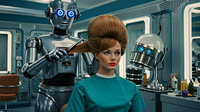 Woman sitting as a robot cuts her hair in a futuristic barbershop. Hair salon with humanoid barber footage.