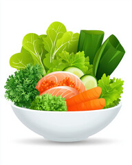 Fresh salad bowl with vibrant greens, salmon, and vegetables, showcasing healthy and colorful meal option