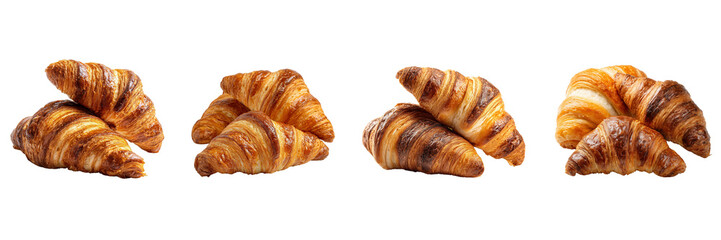 Set of Croissants with different colors and browned edges isolated on a transparent background