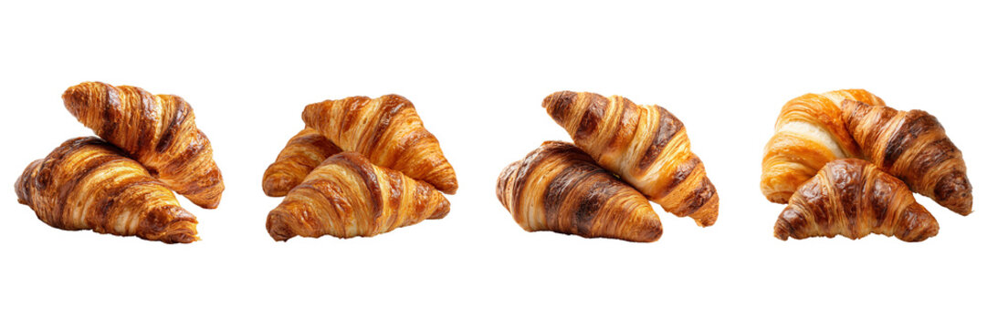 Set of Croissants with different colors and browned edges isolated on a transparent background