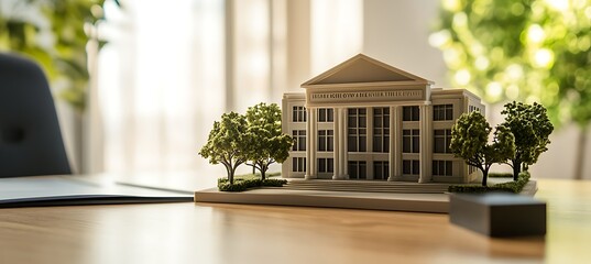 Executive Workspace Displaying Compact Educational Building Model Beside Clear Space Prepared For Logo Or Branding Content
