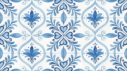 Watercolor Delft Blue Tile Pattern with Floral and Swirl Motifs