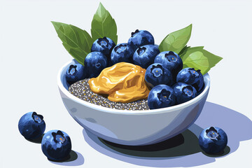 vibrant breakfast bowl filled with chia seeds, topped with blueberries and dollop of nut butter, evokes healthy lifestyle