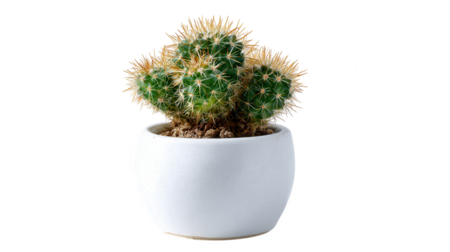 Small green cactus in a white pot isolated on transparent background