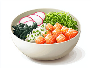 vibrant poke bowl filled with fresh salmon, seaweed, radishes, and greens, showcasing colorful and healthy meal