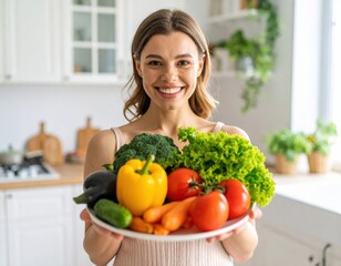 Smiling woman holds a plate of fresh vegetables in a bright kitchen