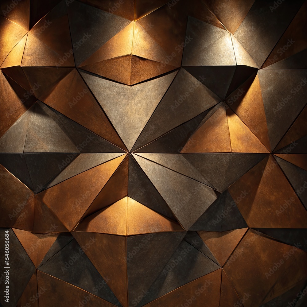 Aufkleber geometric wall covering of bronze and grey triangular panels, illuminated by spotlights, creating de