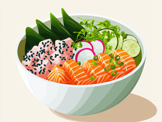 vibrant poke bowl filled with fresh salmon, seaweed, and colorful vegetables creates delightful culinary experience