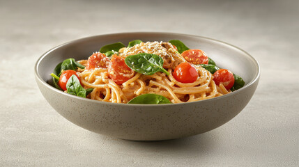 Creamy pasta dish with cherry tomatoes and fresh spinach, served in modern bowl, perfect for healthy meal