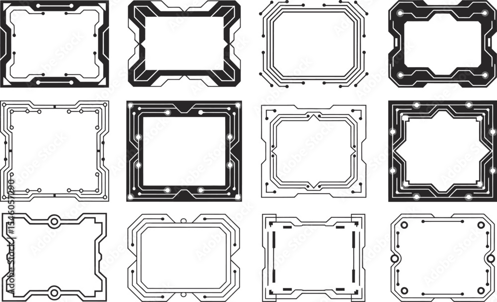 Poster collection of futuristic circuit board frames in various shapes and styles for design projects