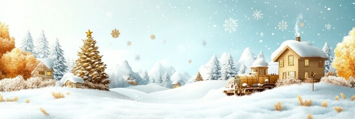 Enchanting Winter Village Scene with Christmas Tree and Train