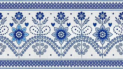 Blue and White Floral Pattern with Hearts and Geometric Borders Folk Art Style