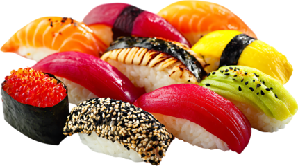 Assorted sushi nigiri set isolated on transparent background