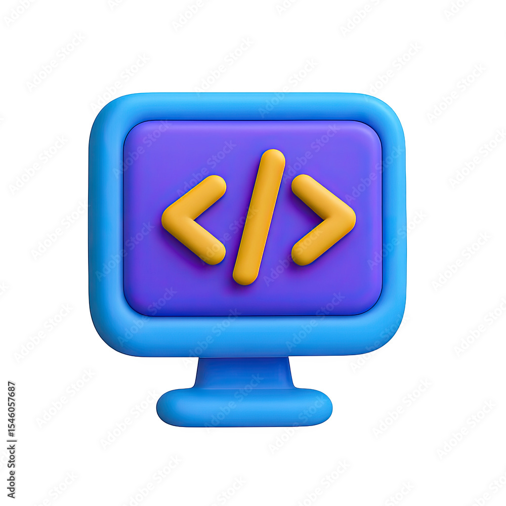 Poster 3d render of a blue monitor displaying yellow code on purple screen
