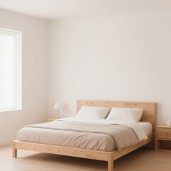 Obraz premium Simple Natural Wood Bedroom with Minimalist Bed Frame, Soft Bedding, and Bright Neutral Walls