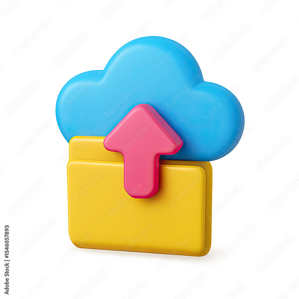 Poster 3d render of a bright yellow folder with a pink up arrow and a blue cloud, representing data upload